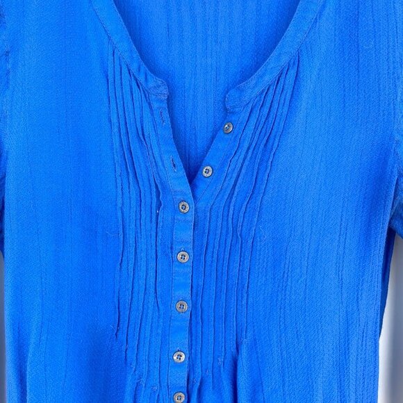 LUCKY BRAND Cobalt Blue Pleated Long Sleeve Pleated Button Up Henley Blouse - Picture 5 of 9
